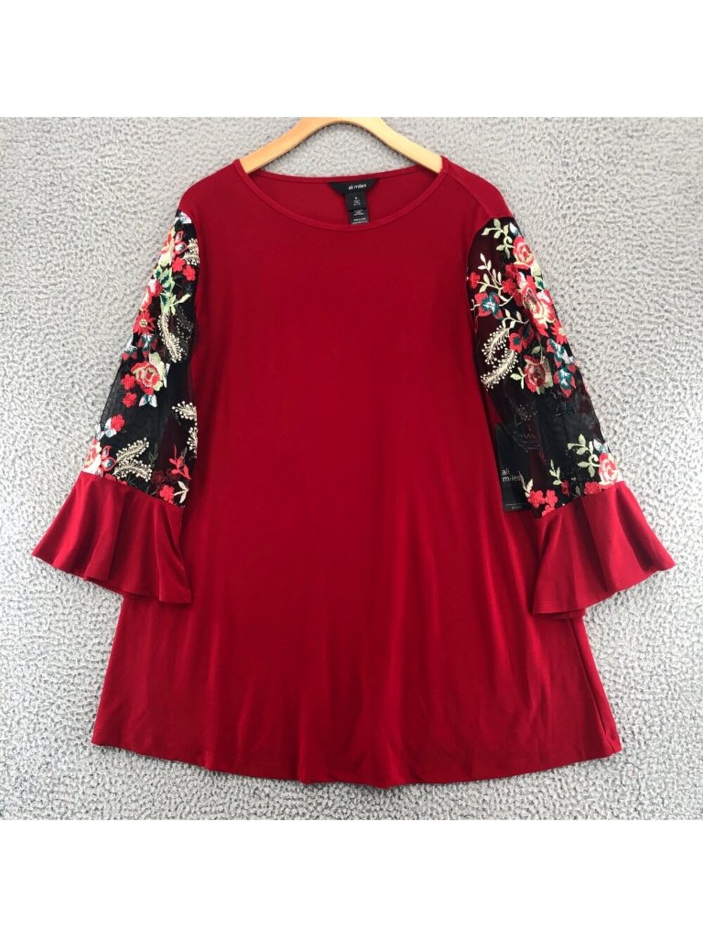 Ali Miles Top Womens Medium Red Embroidered Floral Mesh Long Bell Sleeves NWT